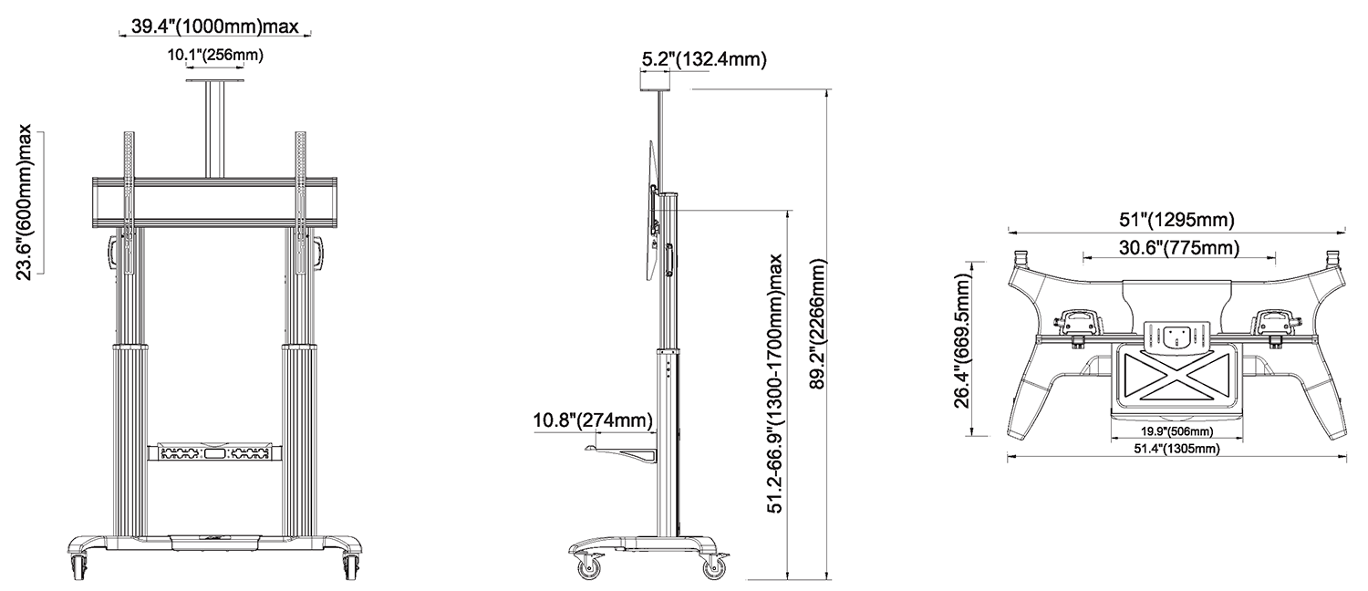 Rysunek techniczny - mobilny stojak do TV CF100