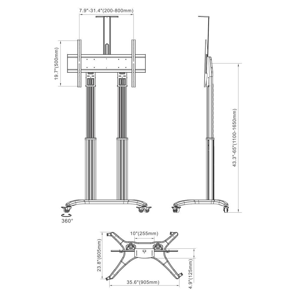 Rysunek techniczny - mobilny stojak do TV AVF1800-70-1P